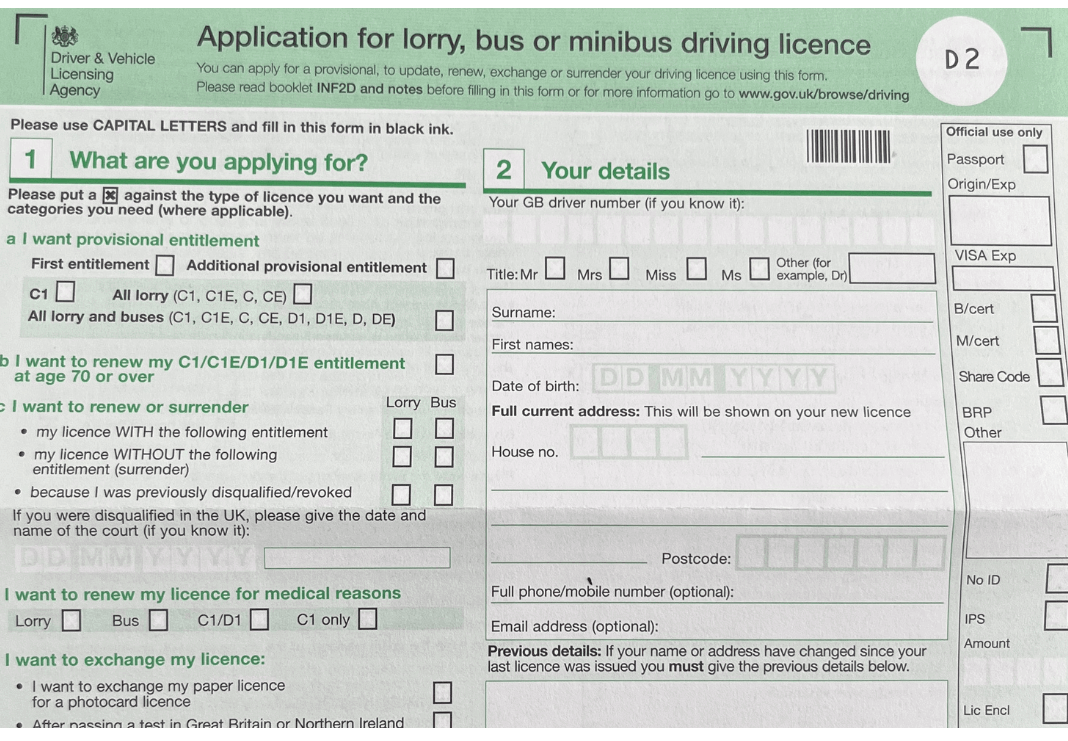 An image of the D2 DVLA form, where we explain how to fill it in